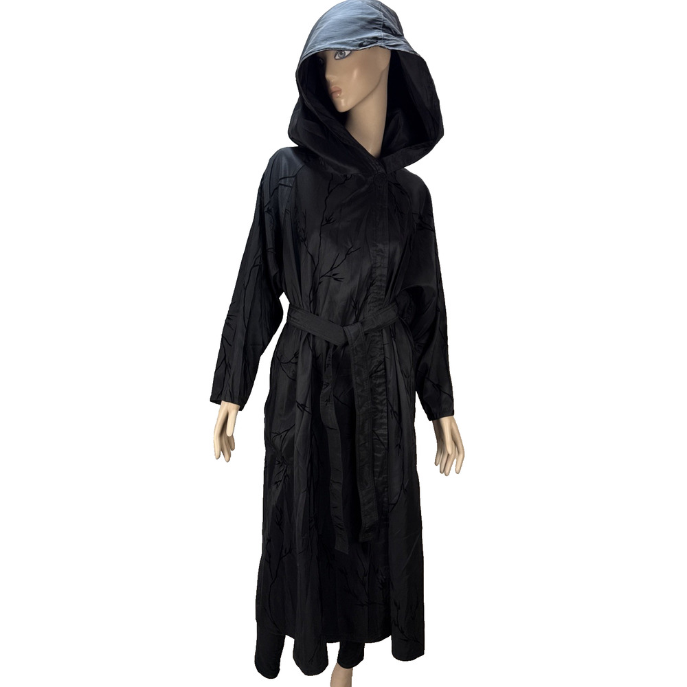 MYCRA PAC Long Donatella Raincoat Size M/L Black Reversible Velvet Vines Hooded